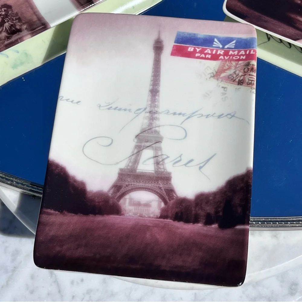 Restoration Hardware Vintage Parisian-themed Postcard Plates Trinket Trays Set 3